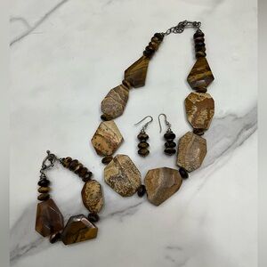 Natural Stone & Tiger Eye 3 pc Statement Beaded Necklace Earrings Bracelet Brown